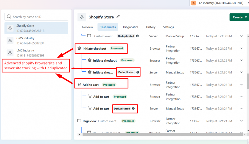 Advanced shopify browser site and server site tracking with deduplications