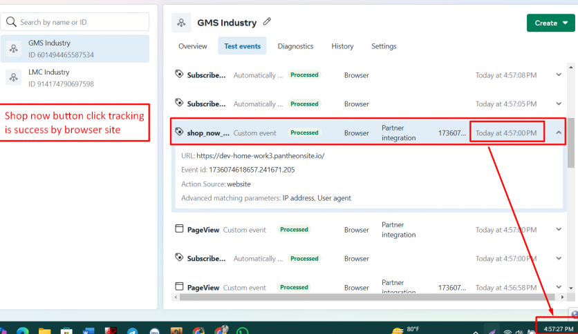 Shop now button click tracking is success by browser site