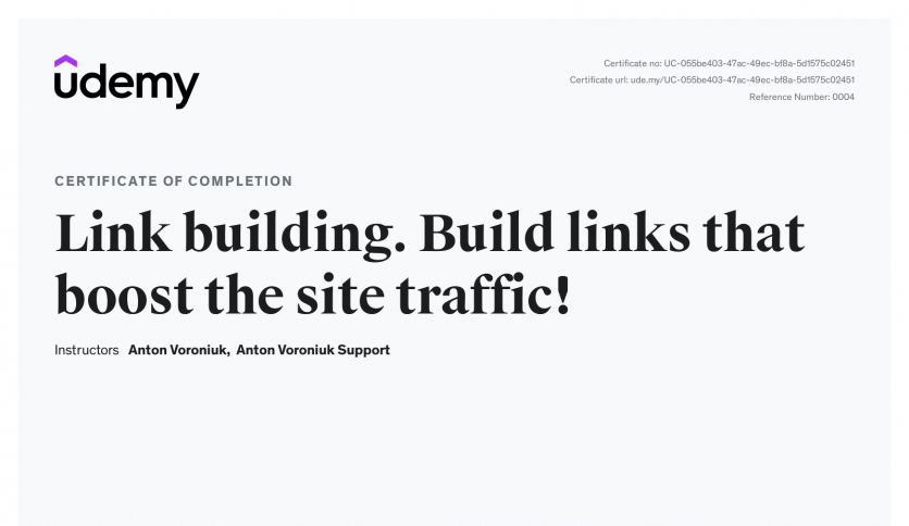 Udemy Certificate [Course Name: Link building. Build links that boost the site traffic!]