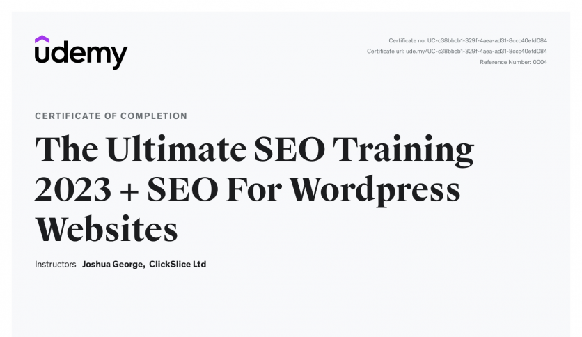 Udemy Certificate [Course Name: The Ultimate SEO Training 2024 + SEO For Wordpress Websites]